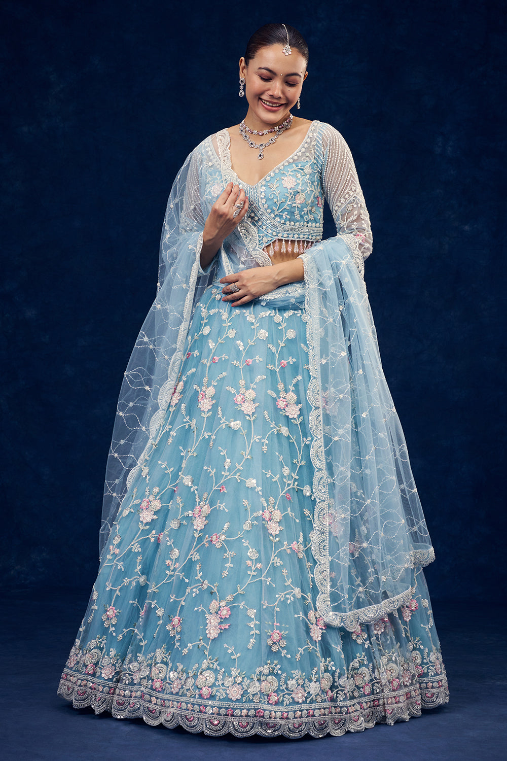 Sky Blue Net Lehenga with Cutdana and Resham Hand Work