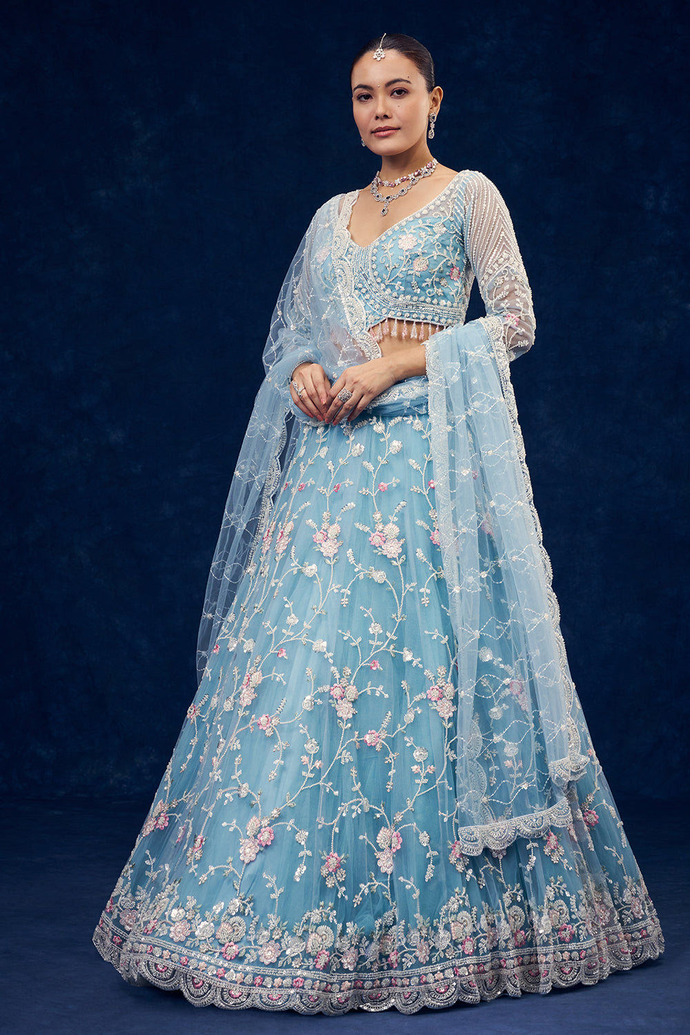 Sky Blue Net Lehenga with Cutdana and Resham Hand Work