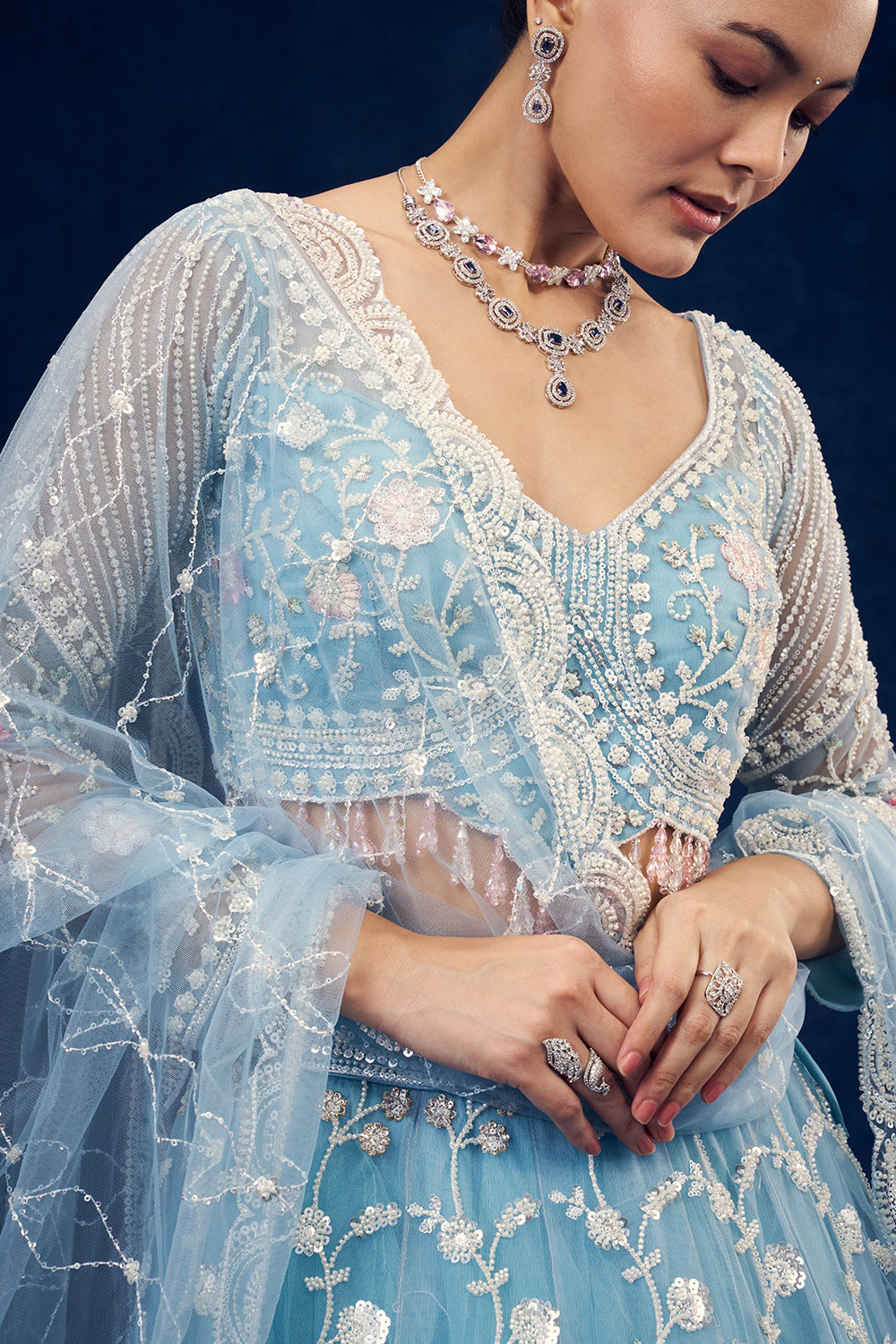 Sky Blue Net Lehenga with Cutdana and Resham Hand Work