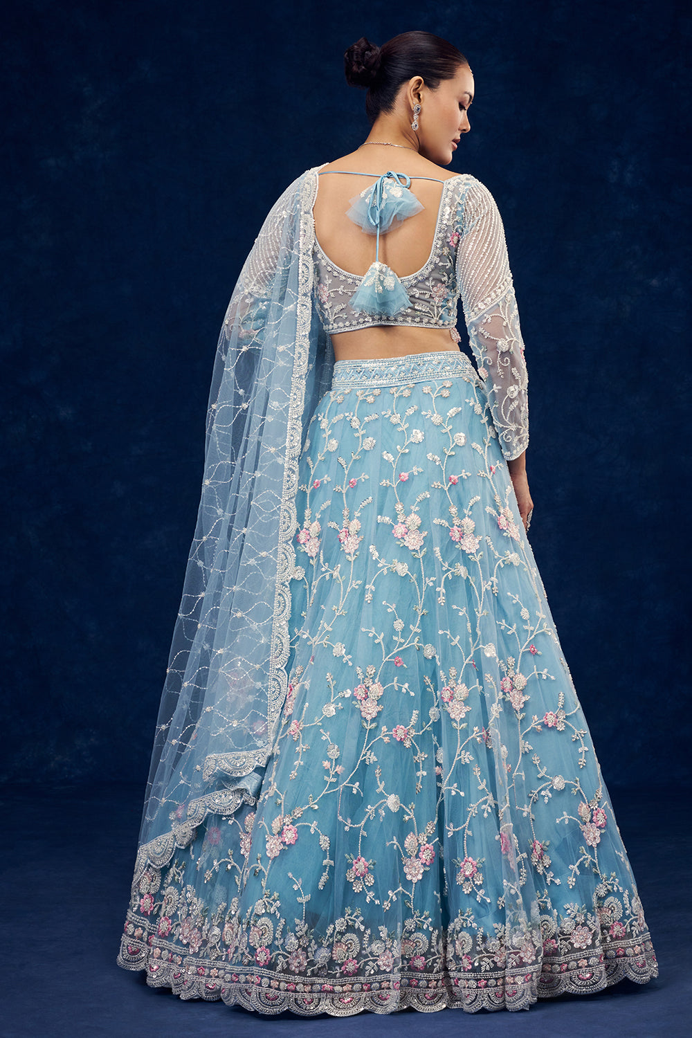 Sky Blue Net Lehenga with Cutdana and Resham Hand Work