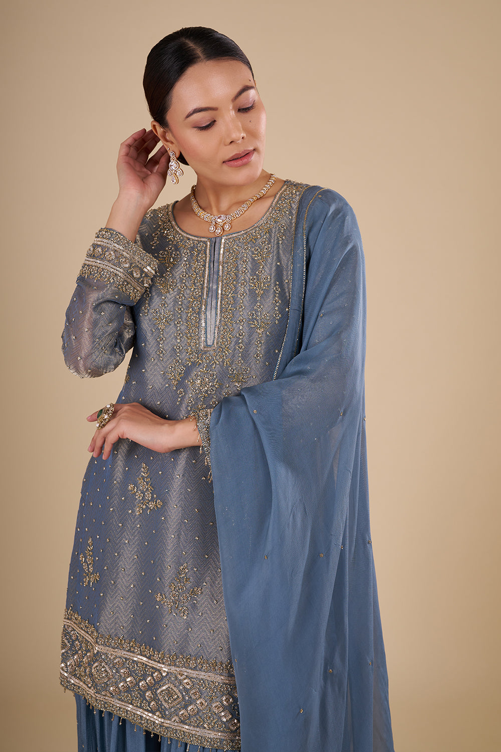 Steel Blue Silk Blend Kurta Sharara Set with Zari Handwork