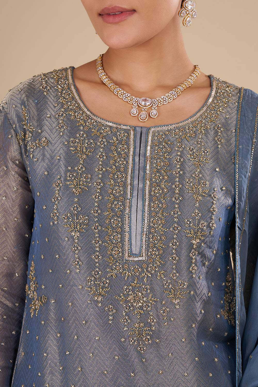 Steel Blue Silk Blend Kurta Sharara Set with Zari Handwork