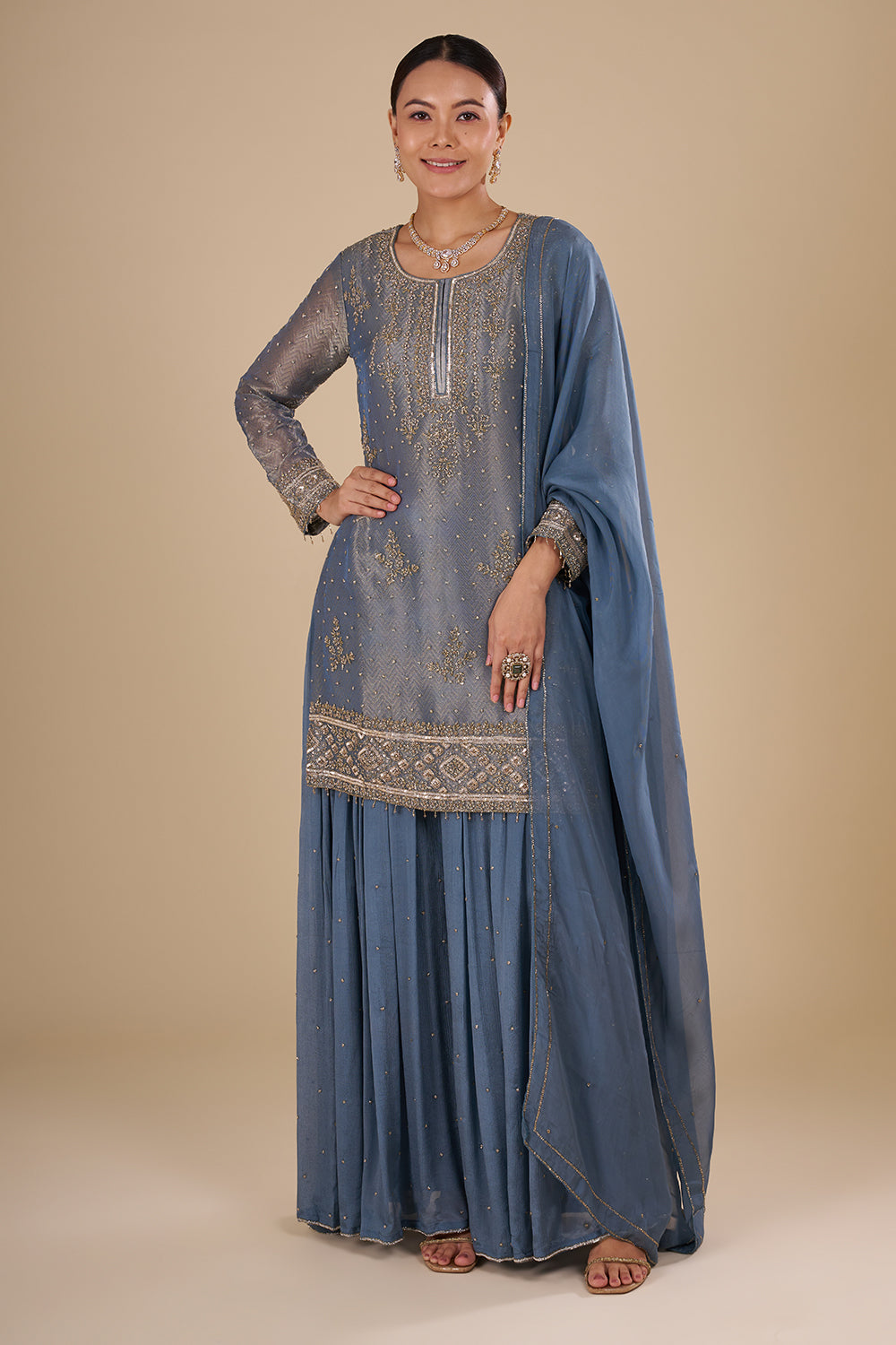 Steel Blue Silk Blend Kurta Sharara Set with Zari Handwork