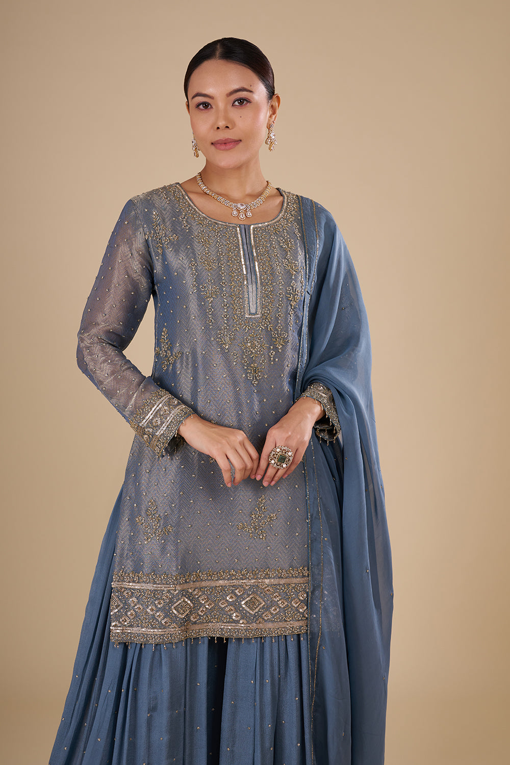 Steel Blue Silk Blend Kurta Sharara Set with Zari Handwork