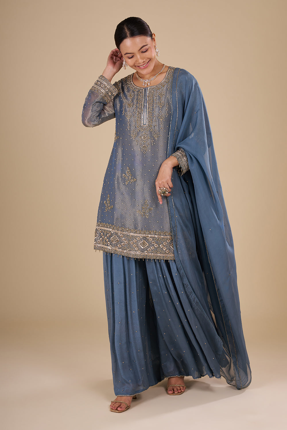 Steel Blue Silk Blend Kurta Sharara Set with Zari Handwork