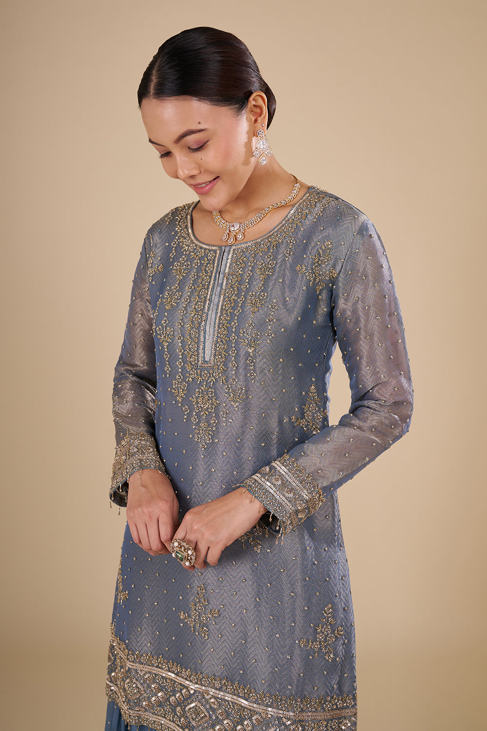 Steel Blue Silk Blend Kurta Sharara Set with Zari Handwork