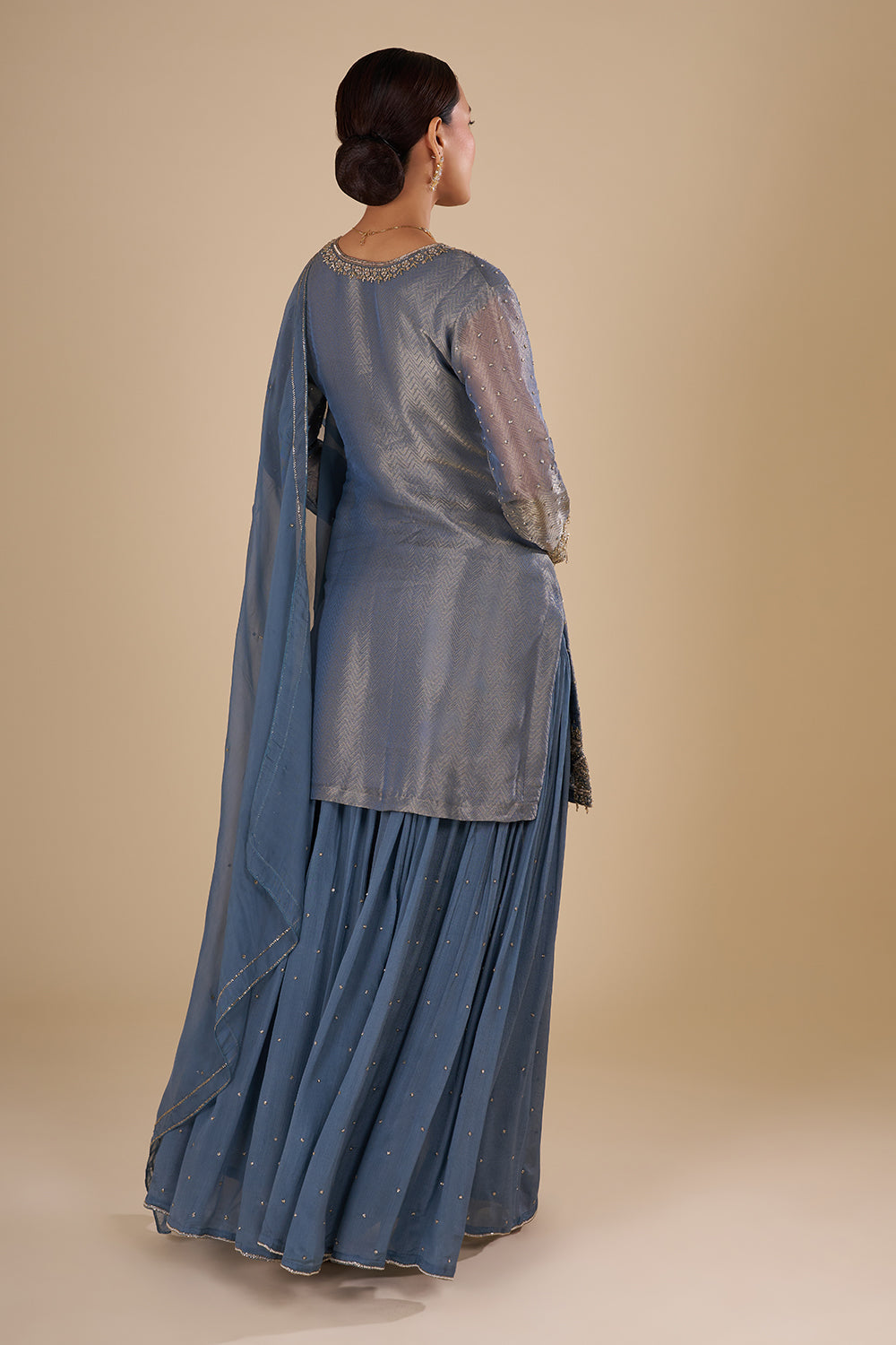 Steel Blue Silk Blend Kurta Sharara Set with Zari Handwork