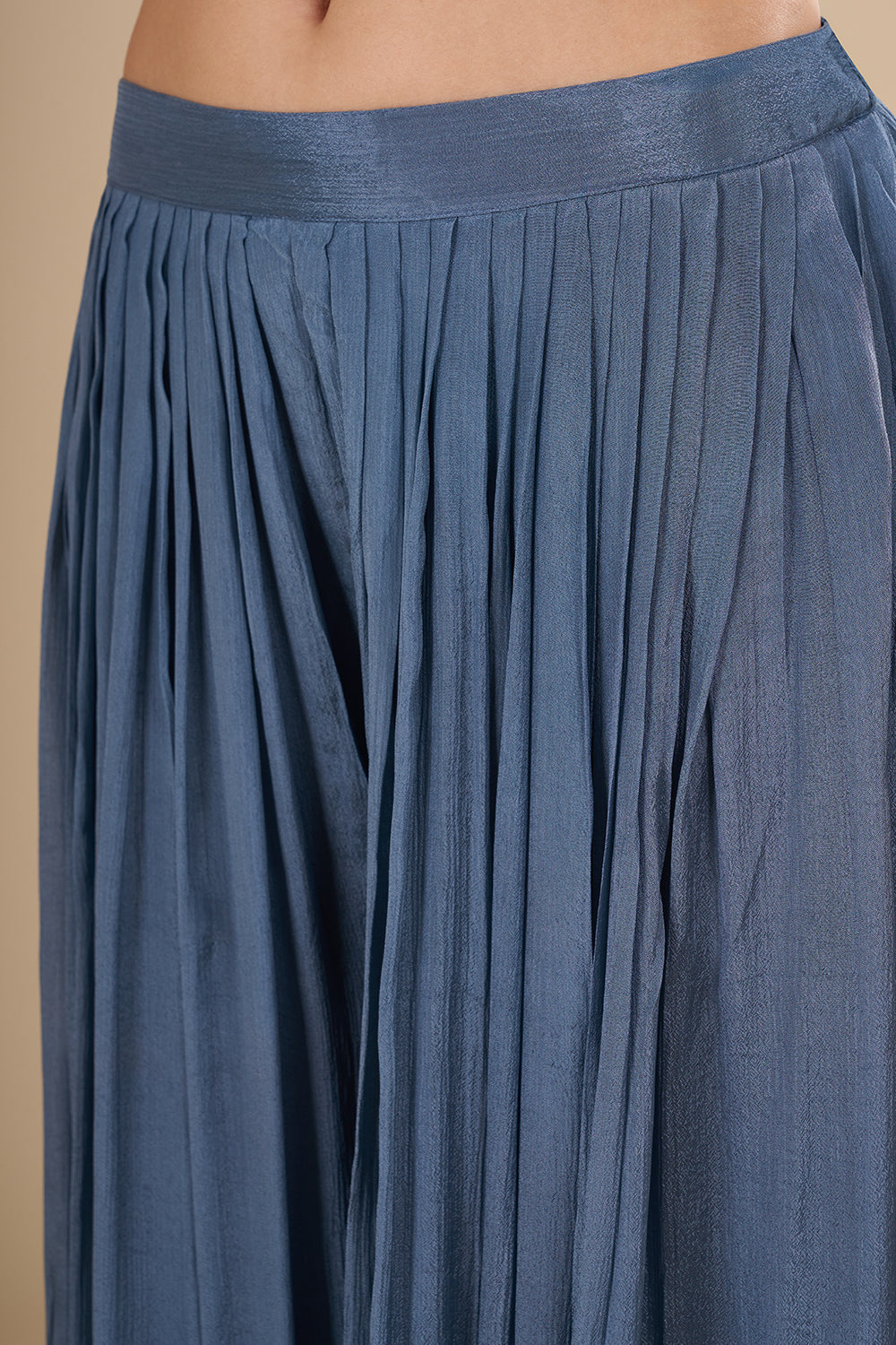 Steel Blue Silk Blend Kurta Sharara Set with Zari Handwork