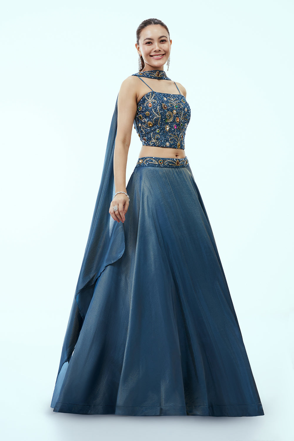 Steel Blue Tissue Lehenga Set with Rhinestone Embellishements