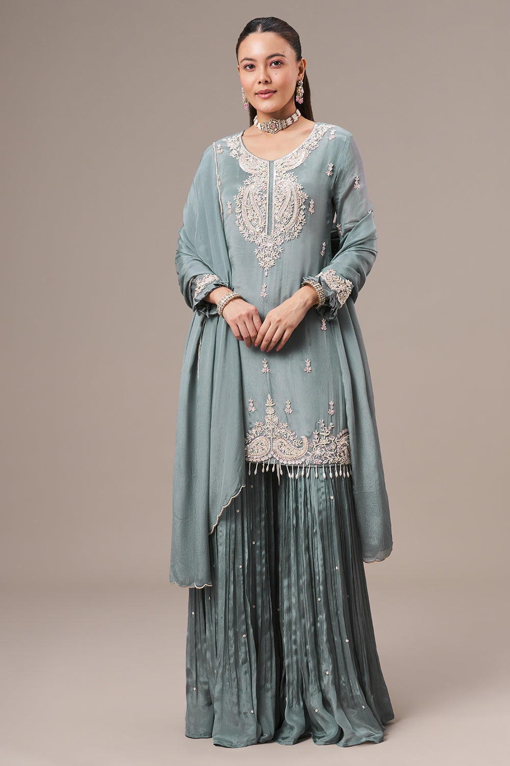 Steel Grey Chinon Sharara Suit with Pearl and Sequin Work