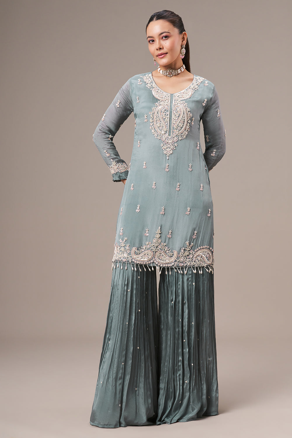 Steel Grey Chinon Sharara Suit with Pearl and Sequin Work