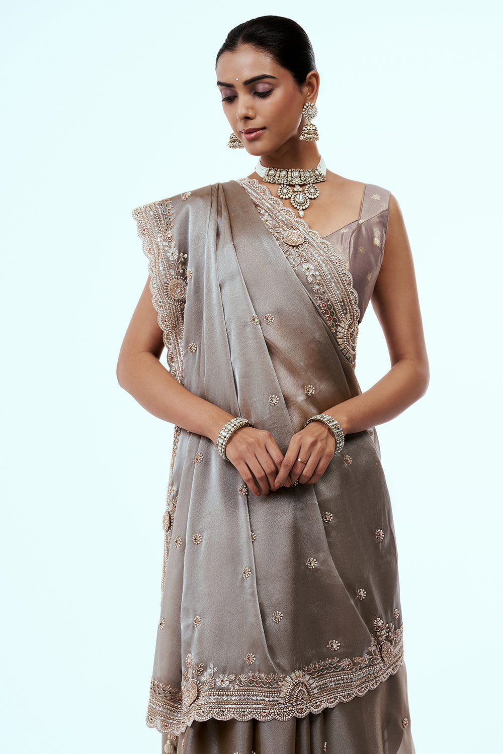 Steel Grey Organza Saree with Cutdana Work