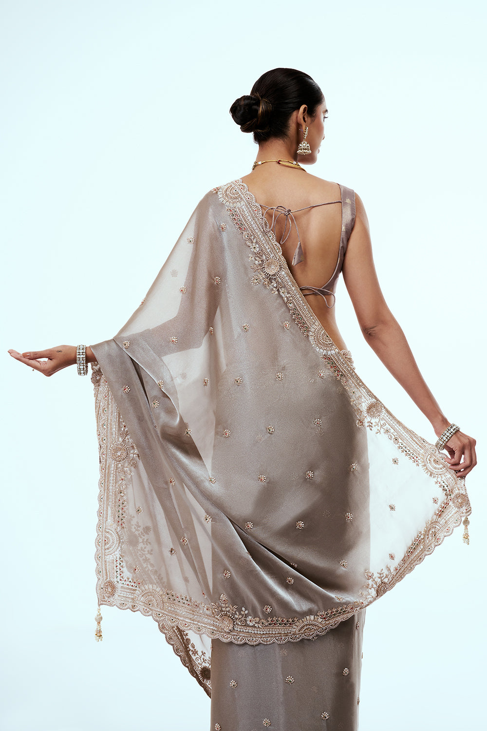 Steel Grey Organza Saree with Cutdana Work