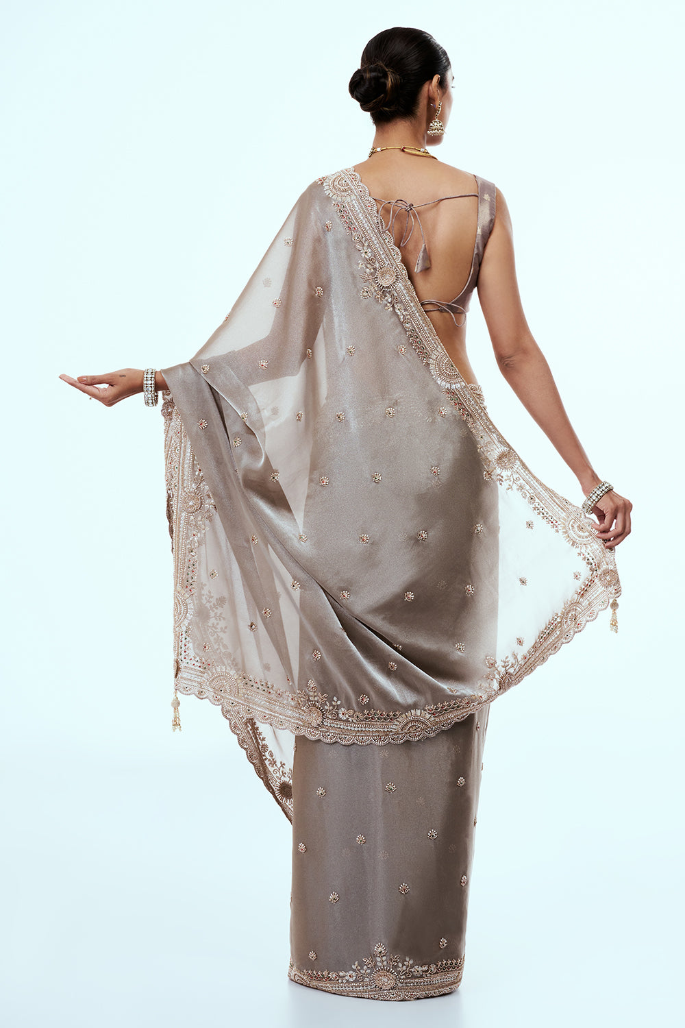 Steel Grey Organza Saree with Cutdana Work