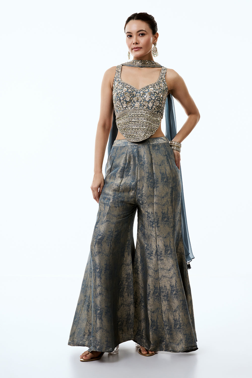 Steel Grey Tissue Indo Western Set with Cutdana and Sequins Work