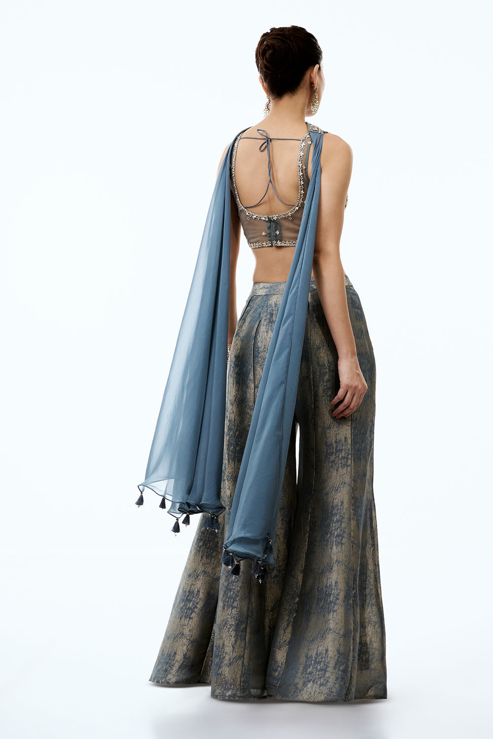Steel Grey Tissue Indo Western Set with Cutdana and Sequins Work
