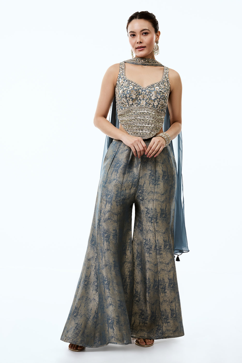 Steel Grey Tissue Indo Western Set with Cutdana and Sequins Work