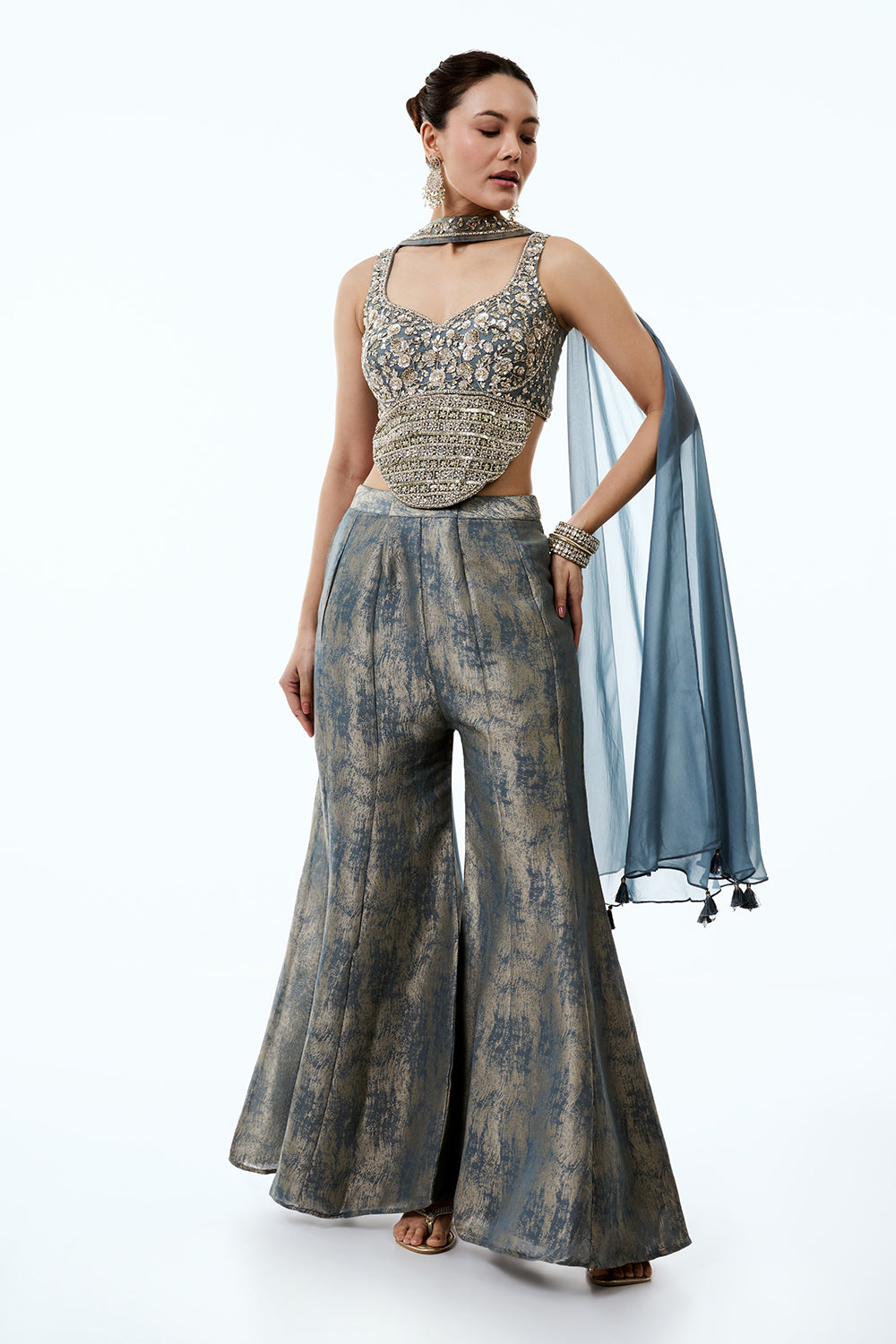 Steel Grey Tissue Indo Western Set with Cutdana and Sequins Work