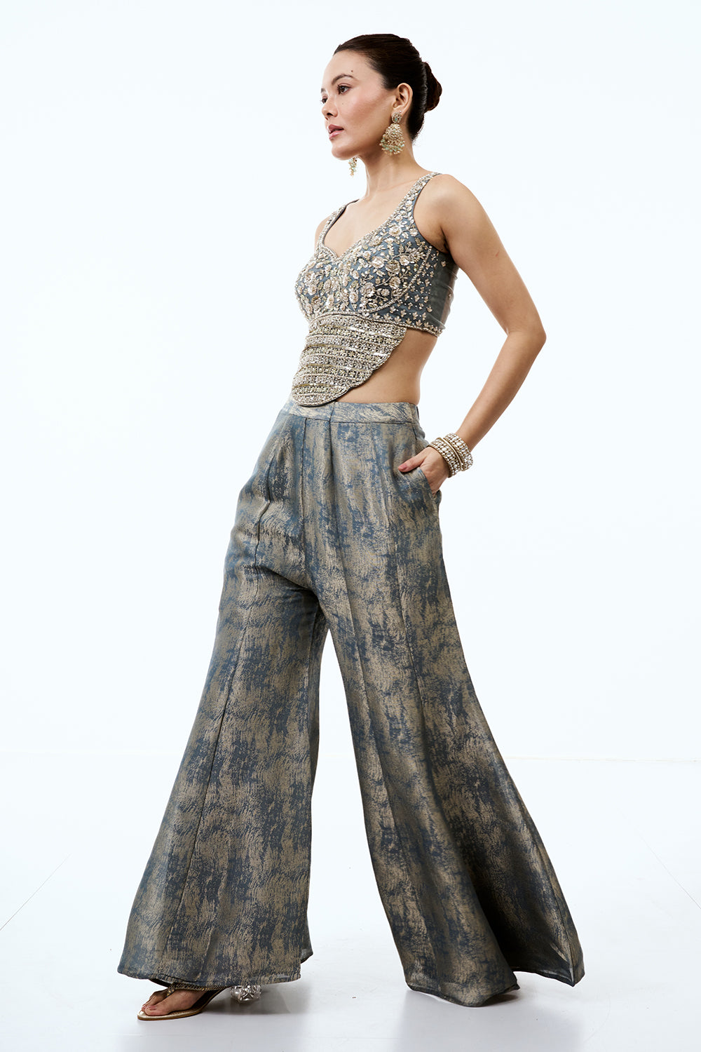 Steel Grey Tissue Indo Western Set with Cutdana and Sequins Work