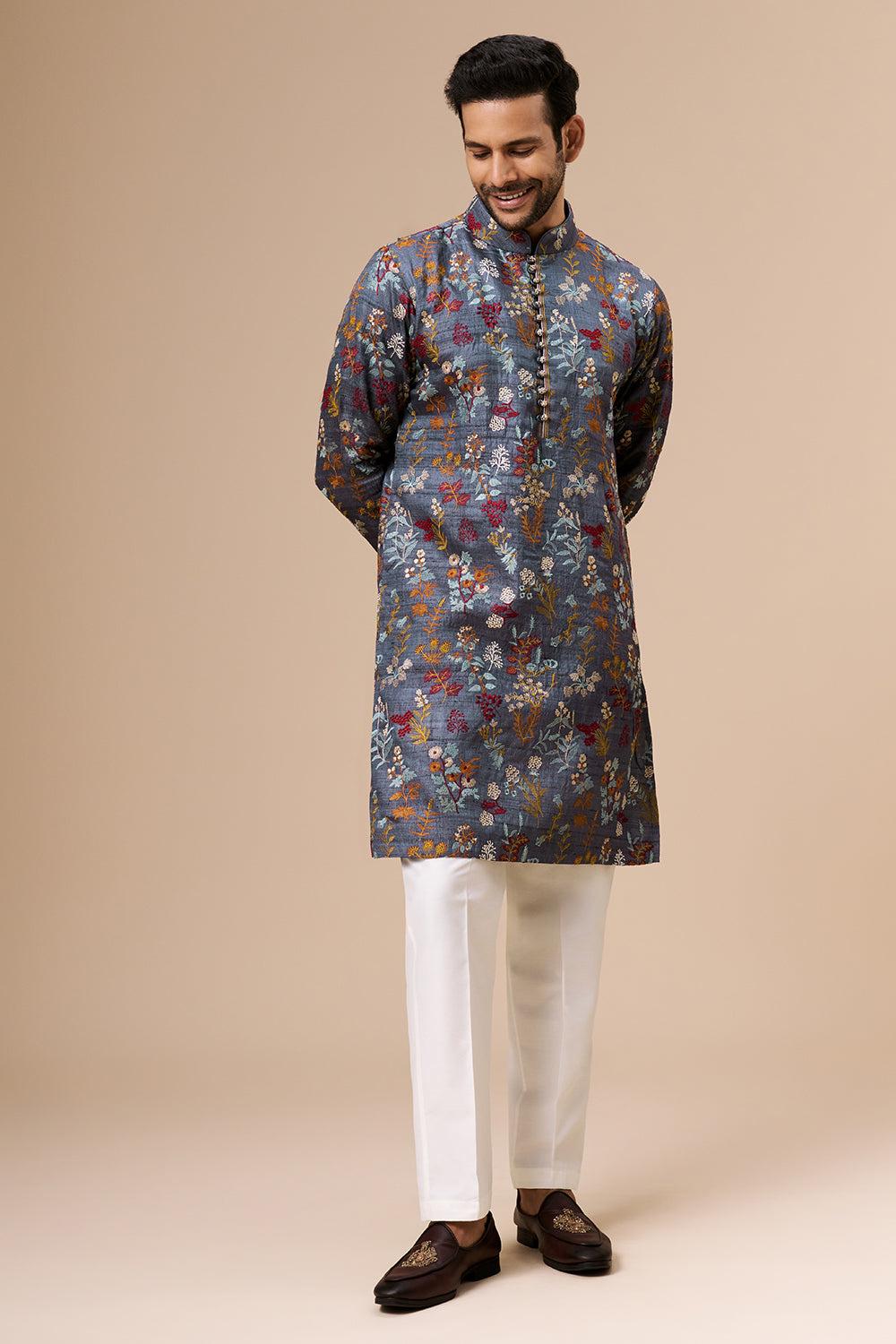 Steel Grey Tussar Mens Kurta Set with Multicolour Thread Work
