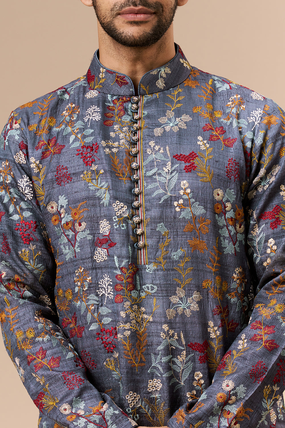 Steel Grey Tussar Mens Kurta Set with Multicolour Thread Work