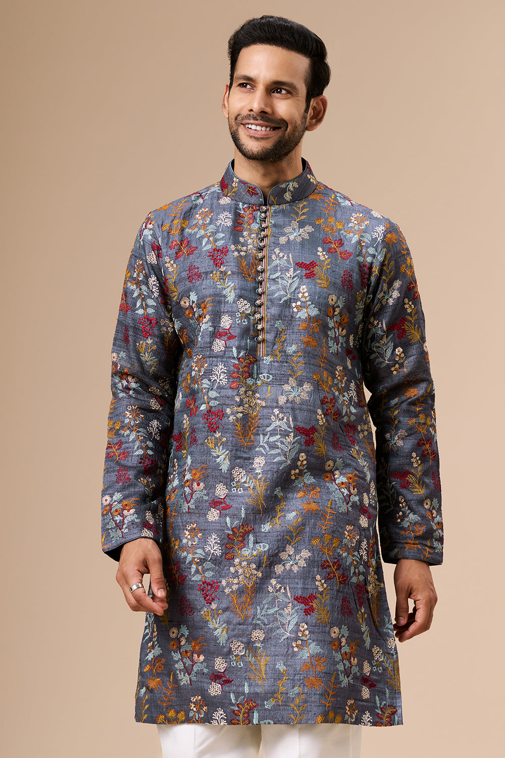 Steel Grey Tussar Mens Kurta Set with Multicolour Thread Work