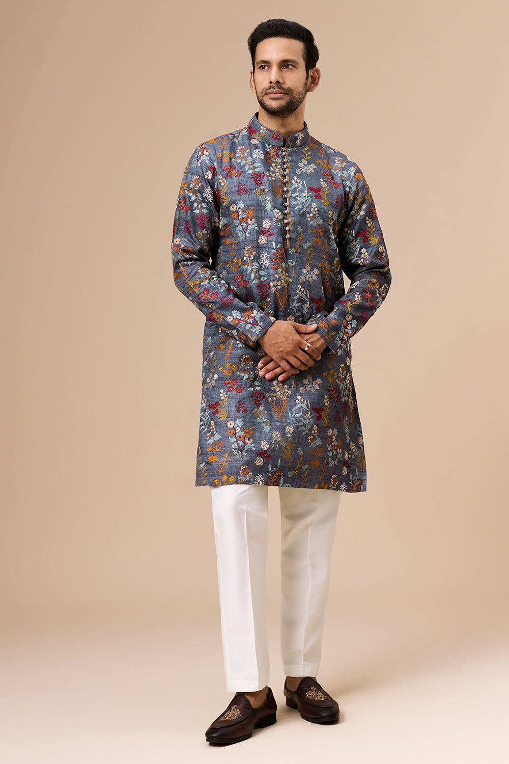 Steel Grey Tussar Mens Kurta Set with Multicolour Thread Work