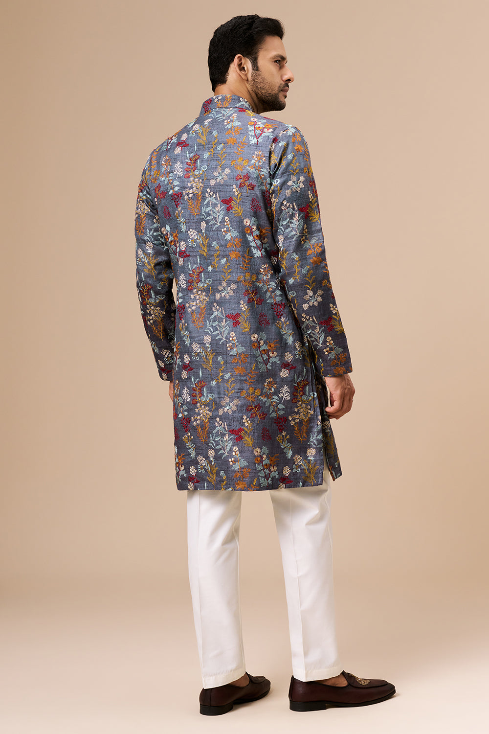Steel Grey Tussar Mens Kurta Set with Multicolour Thread Work