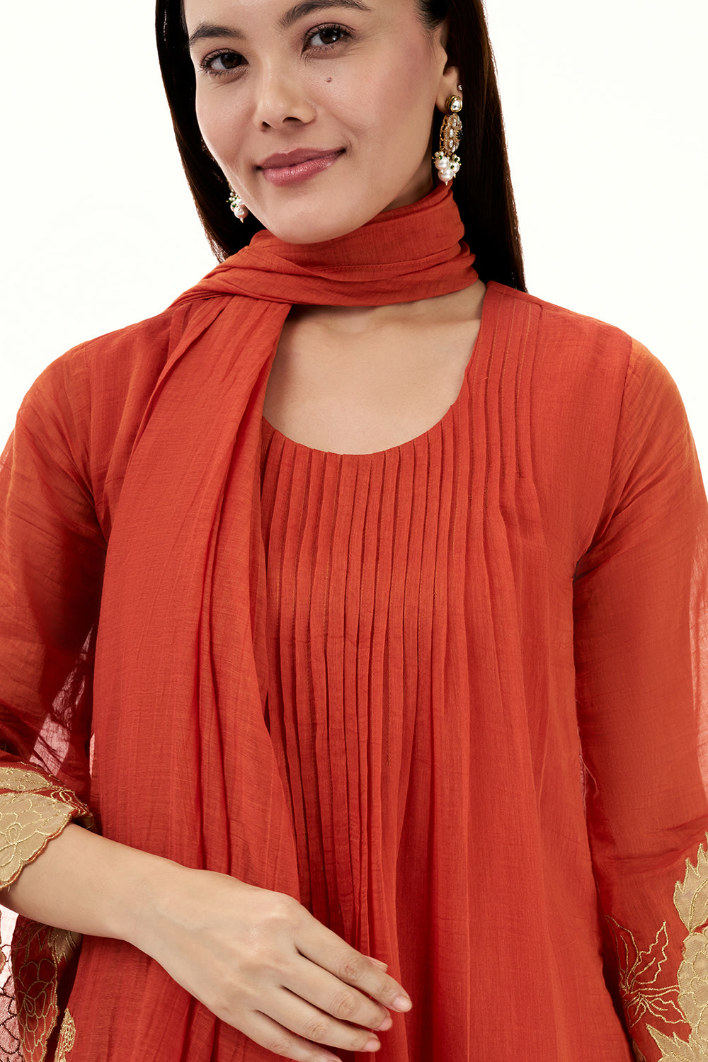 Tangerine Orange Cotton Kurta Set with Applique Work