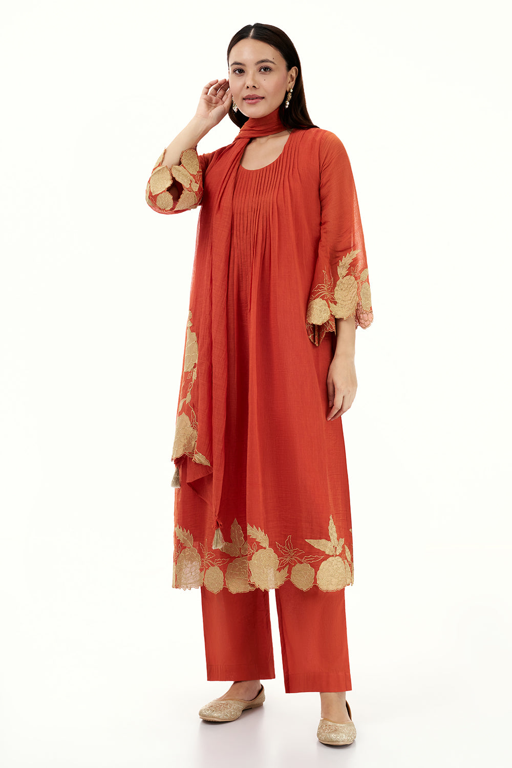 Tangerine Orange Cotton Kurta Set with Applique Work