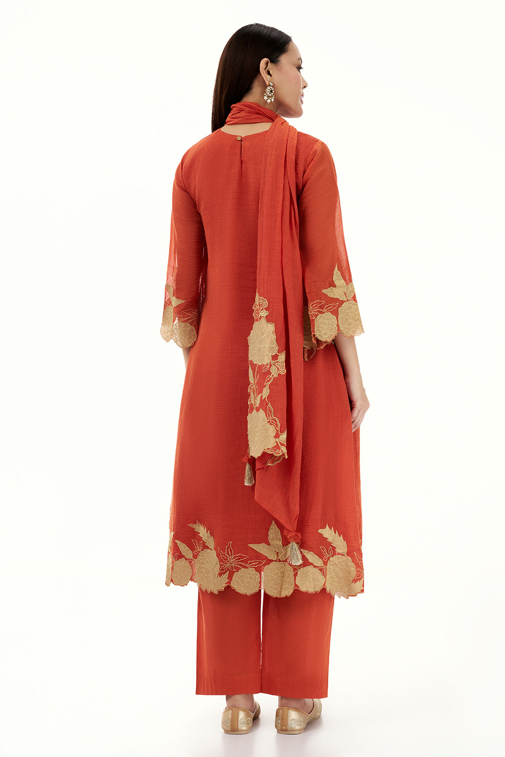 Tangerine Orange Cotton Kurta Set with Applique Work