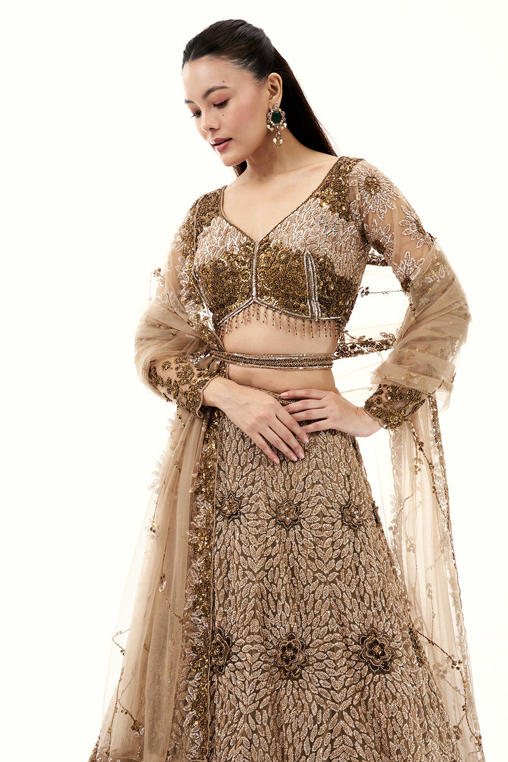Taupe Golden Multi Lehenga with Sequins and Cutdana Embroidery