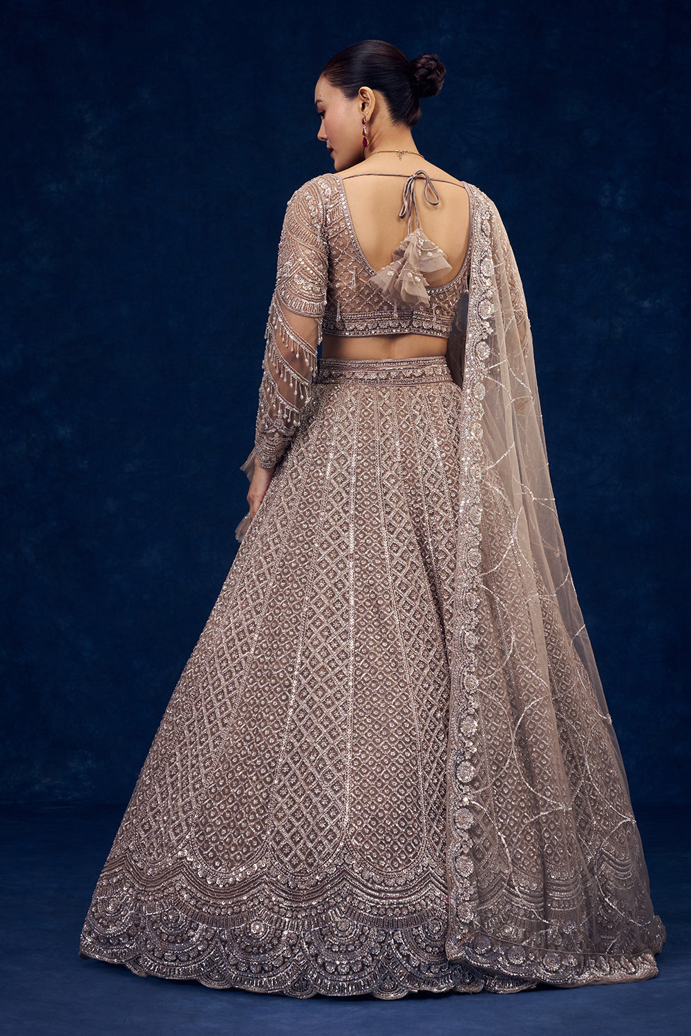 Taupe Grey Hand Embroidered Net Lehenga with Sequin Work