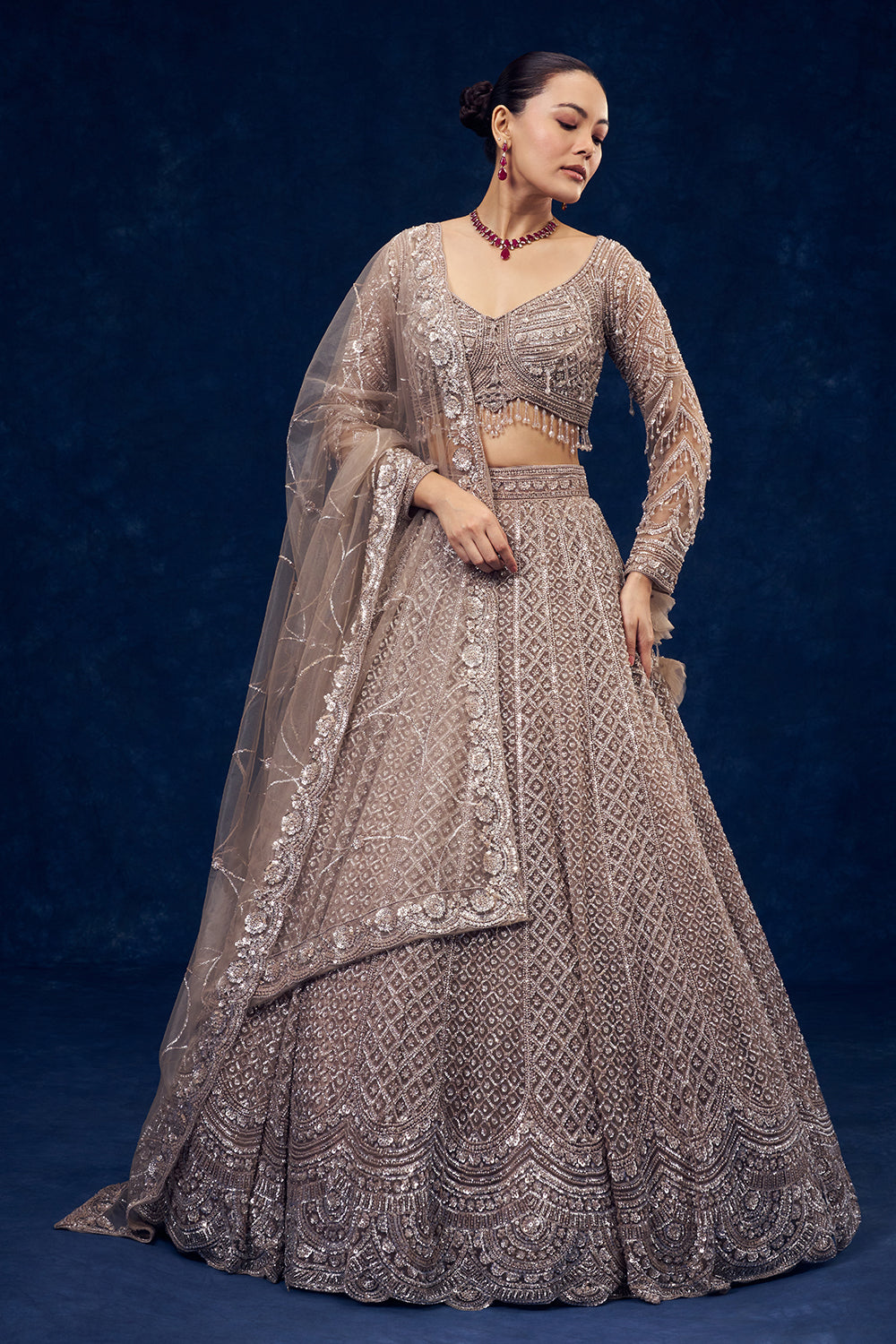 Taupe Grey Hand Embroidered Net Lehenga with Sequin Work