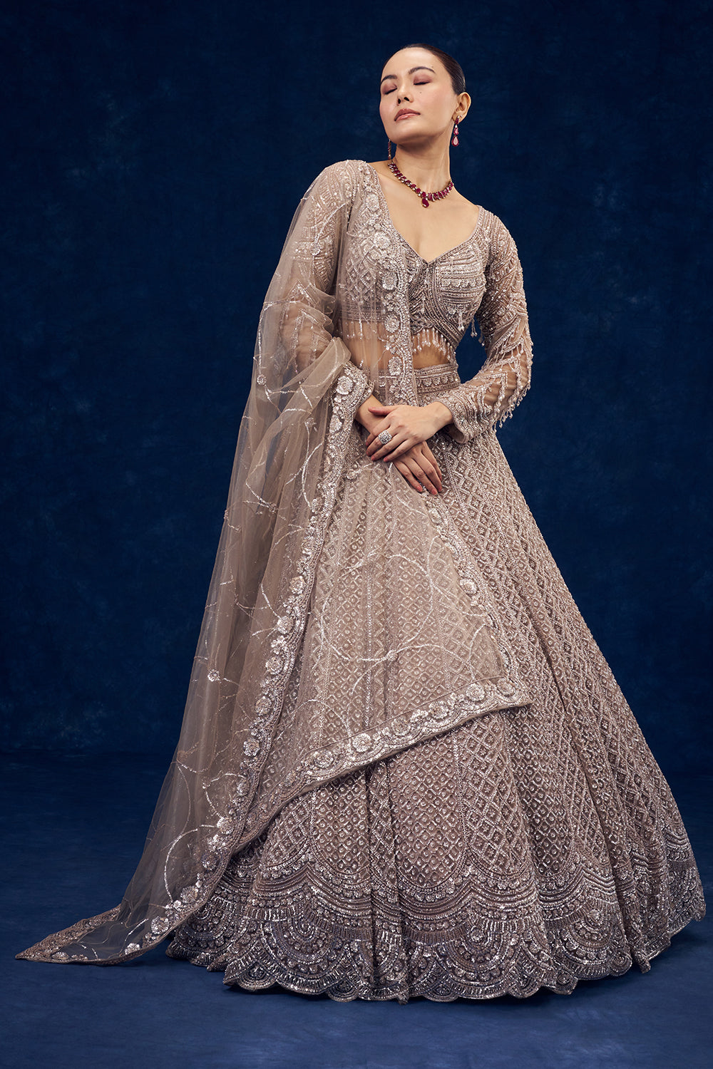 Taupe Grey Hand Embroidered Net Lehenga with Sequin Work