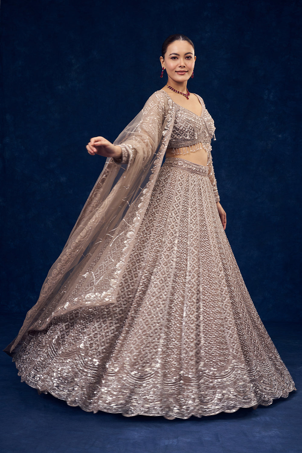 Taupe Grey Hand Embroidered Net Lehenga with Sequin Work