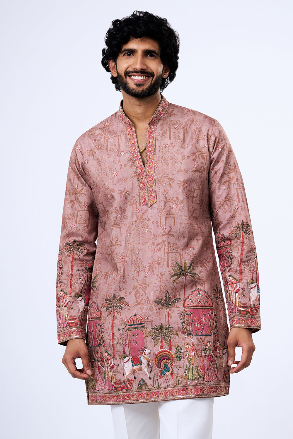 Taupe Polyester Cotton Heritage Procession Printed Kurta Set