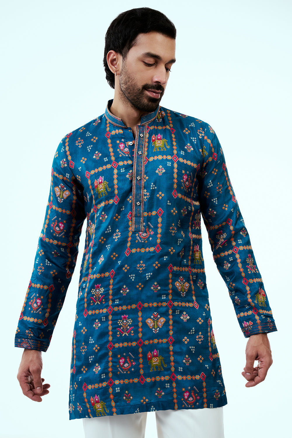 Teal Blue Art Silk Patola Design Mens Kurta Set
