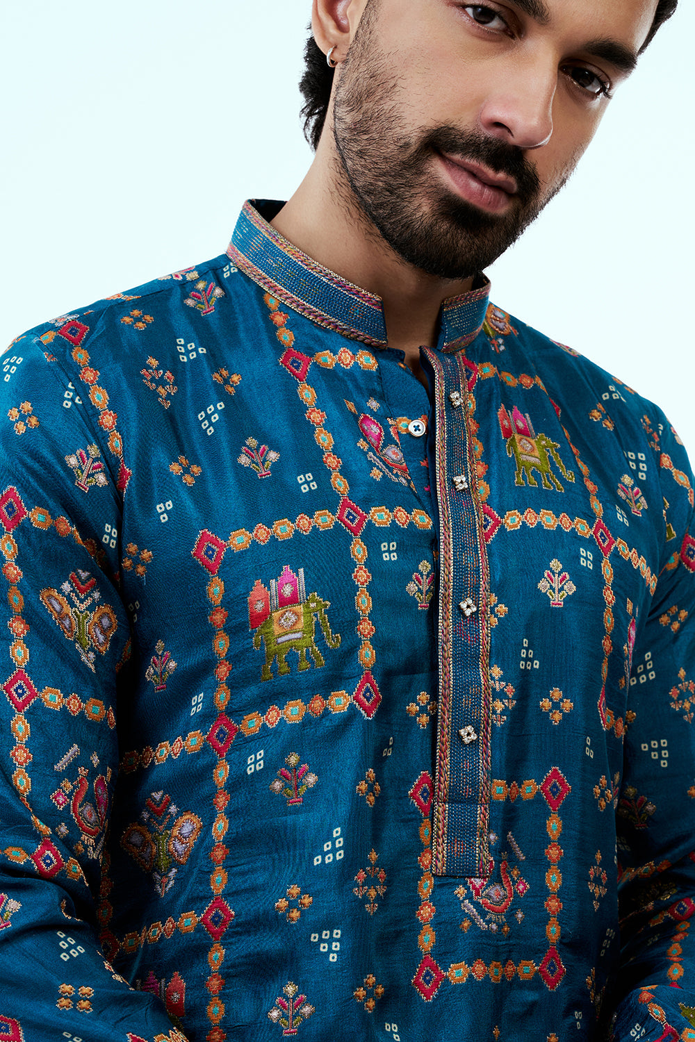 Teal Blue Art Silk Patola Design Mens Kurta Set