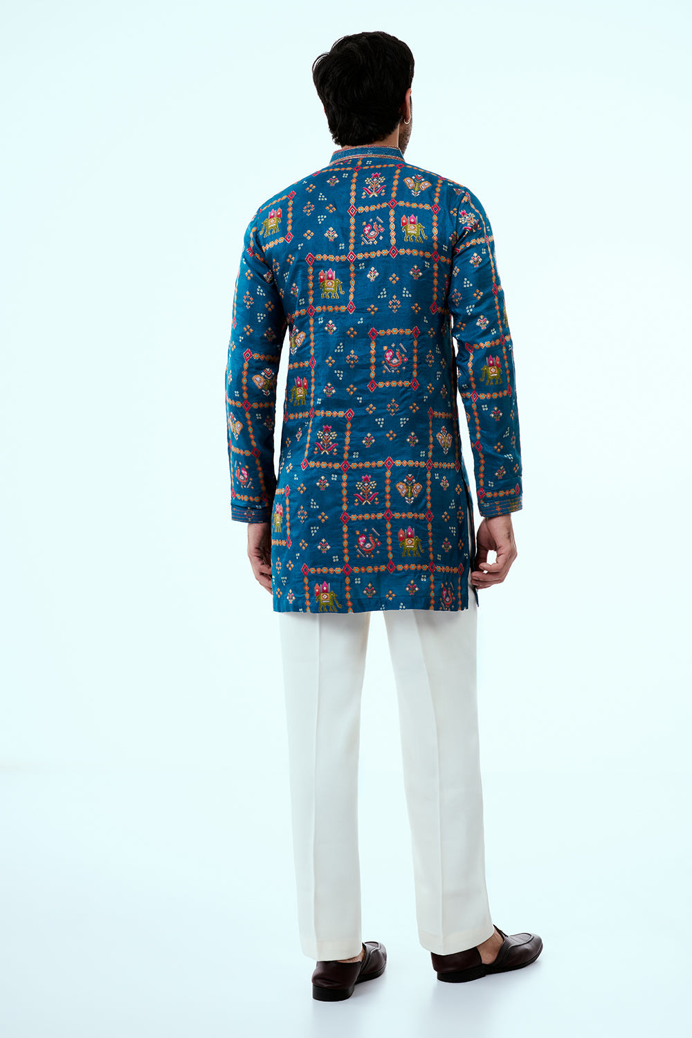Teal Blue Art Silk Patola Design Mens Kurta Set