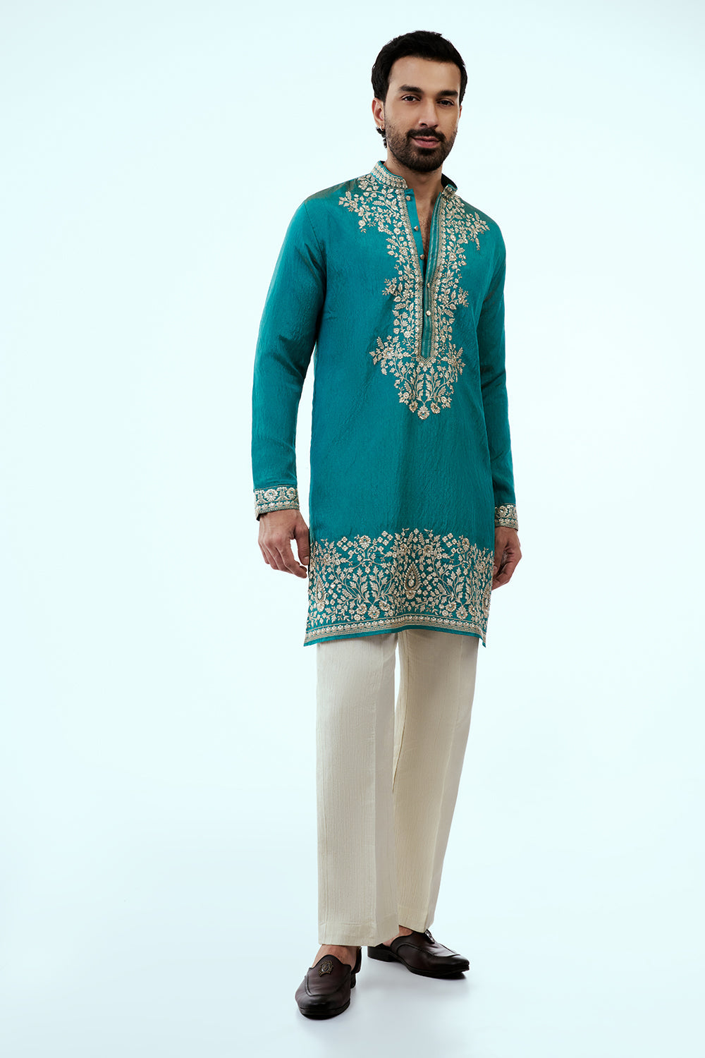 Teal Blue Chanderi Silk Mens Kurta Set in Resham Work with Dupatta