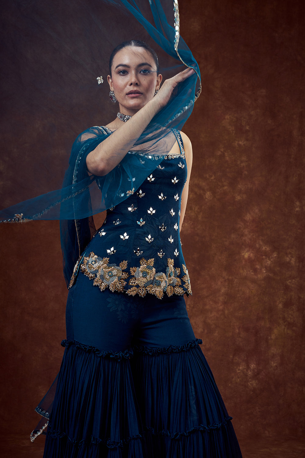 Teal Blue Mul Cotton Sharara Set with Zardozi Work