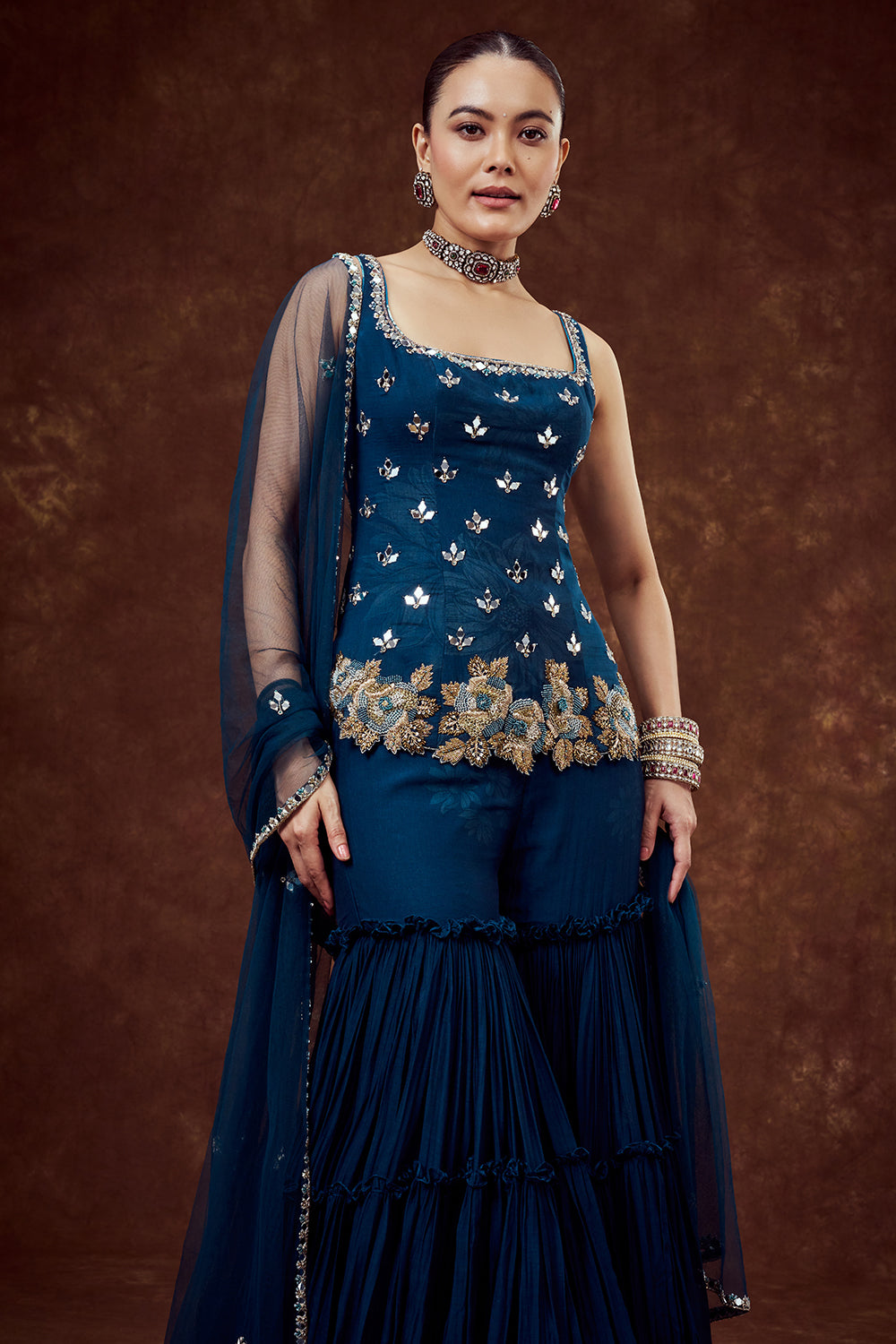 Teal Blue Mul Cotton Sharara Set with Zardozi Work