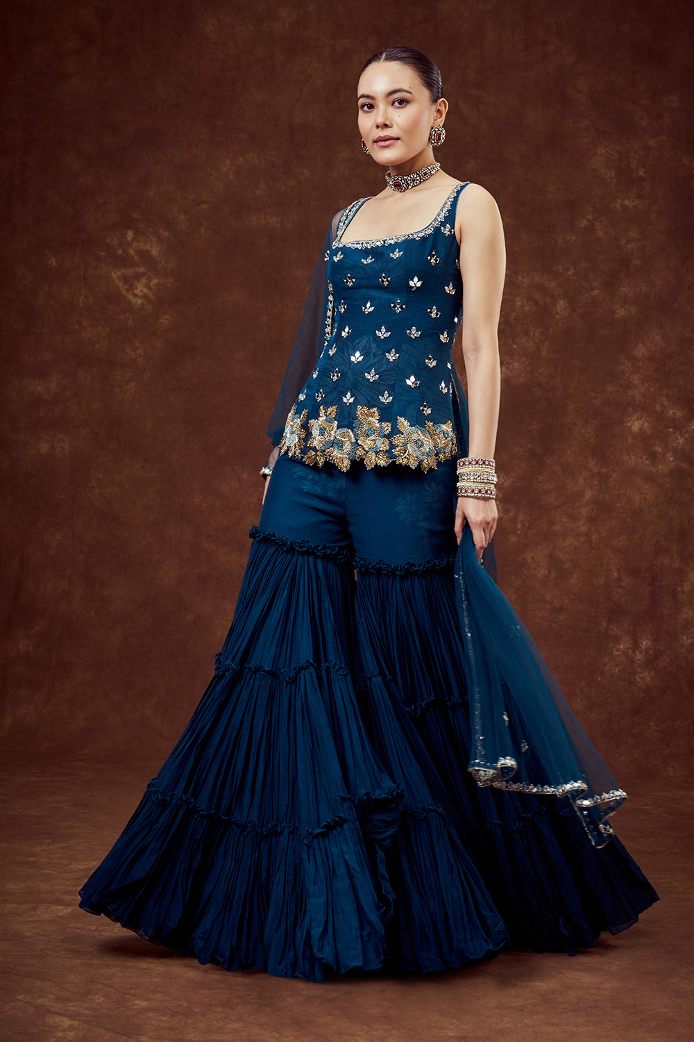 Teal Blue Mul Cotton Sharara Set with Zardozi Work