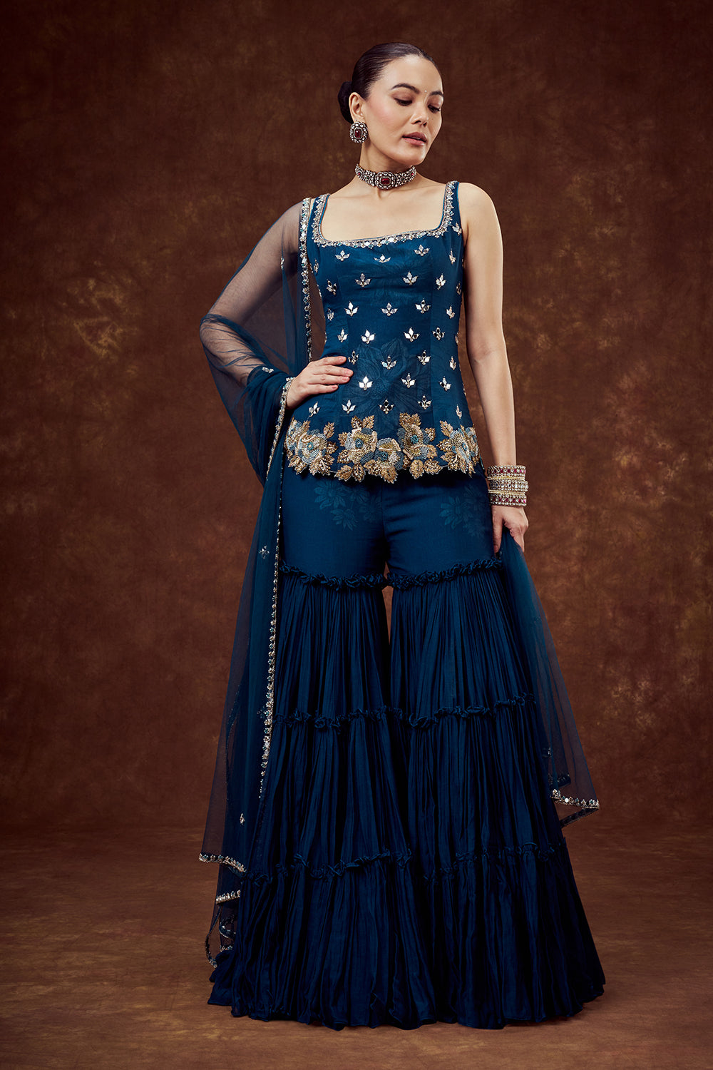Teal Blue Mul Cotton Sharara Set with Zardozi Work