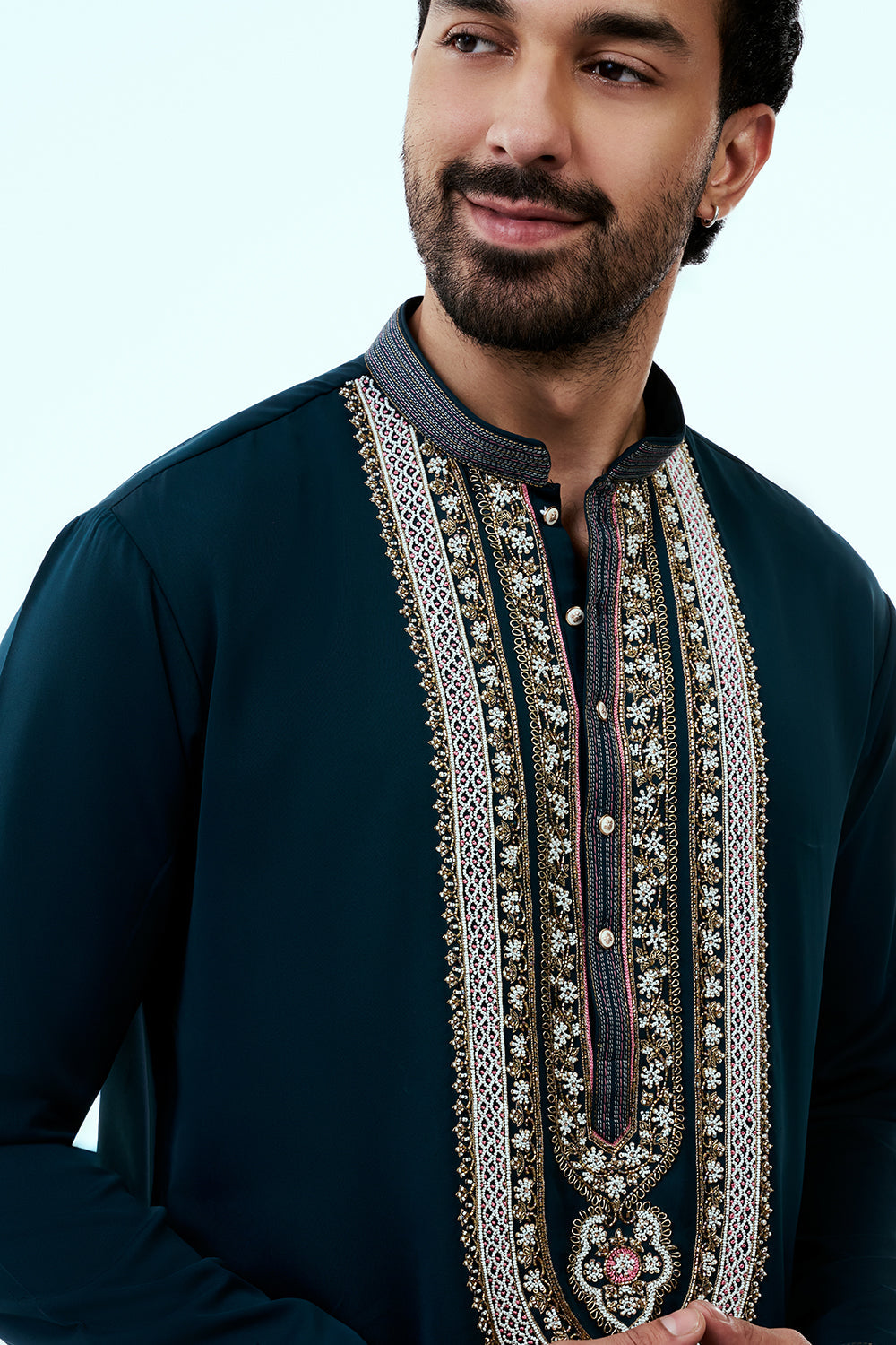 Teal Blue Premium Crepe Mens Kurta Set with Hand Embroidery