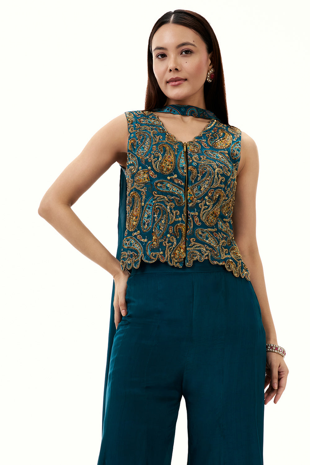 Teal Blue Satin Crepe Palazzo Suit with Sequin and Zari Work