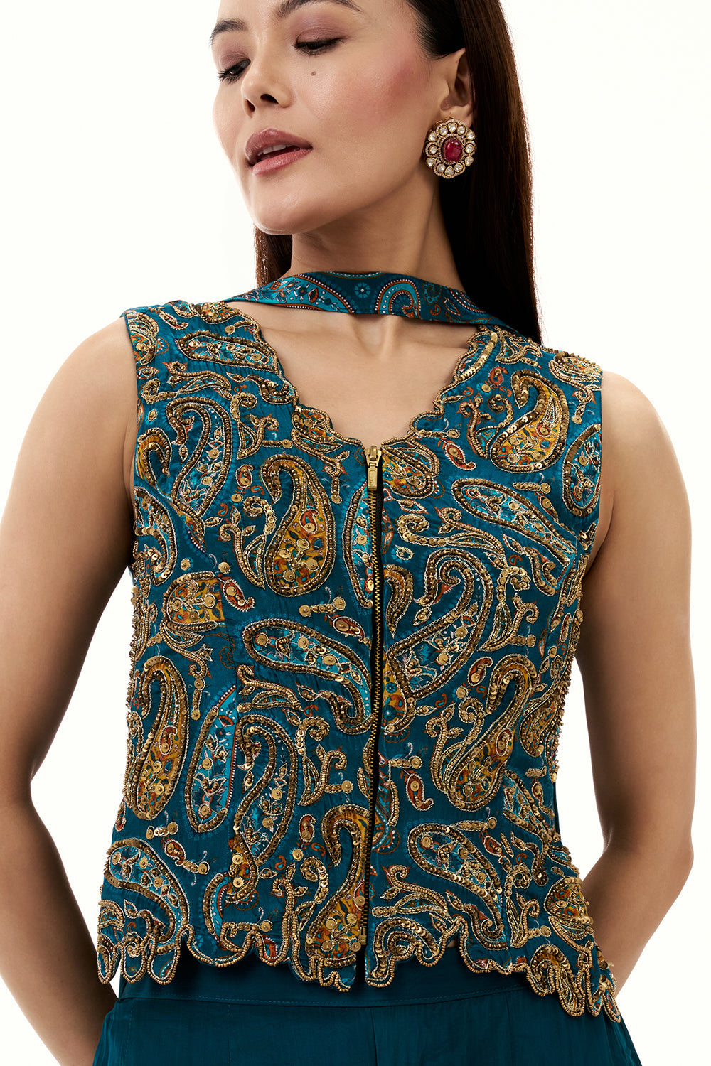 Teal Blue Satin Crepe Palazzo Suit with Sequin and Zari Work