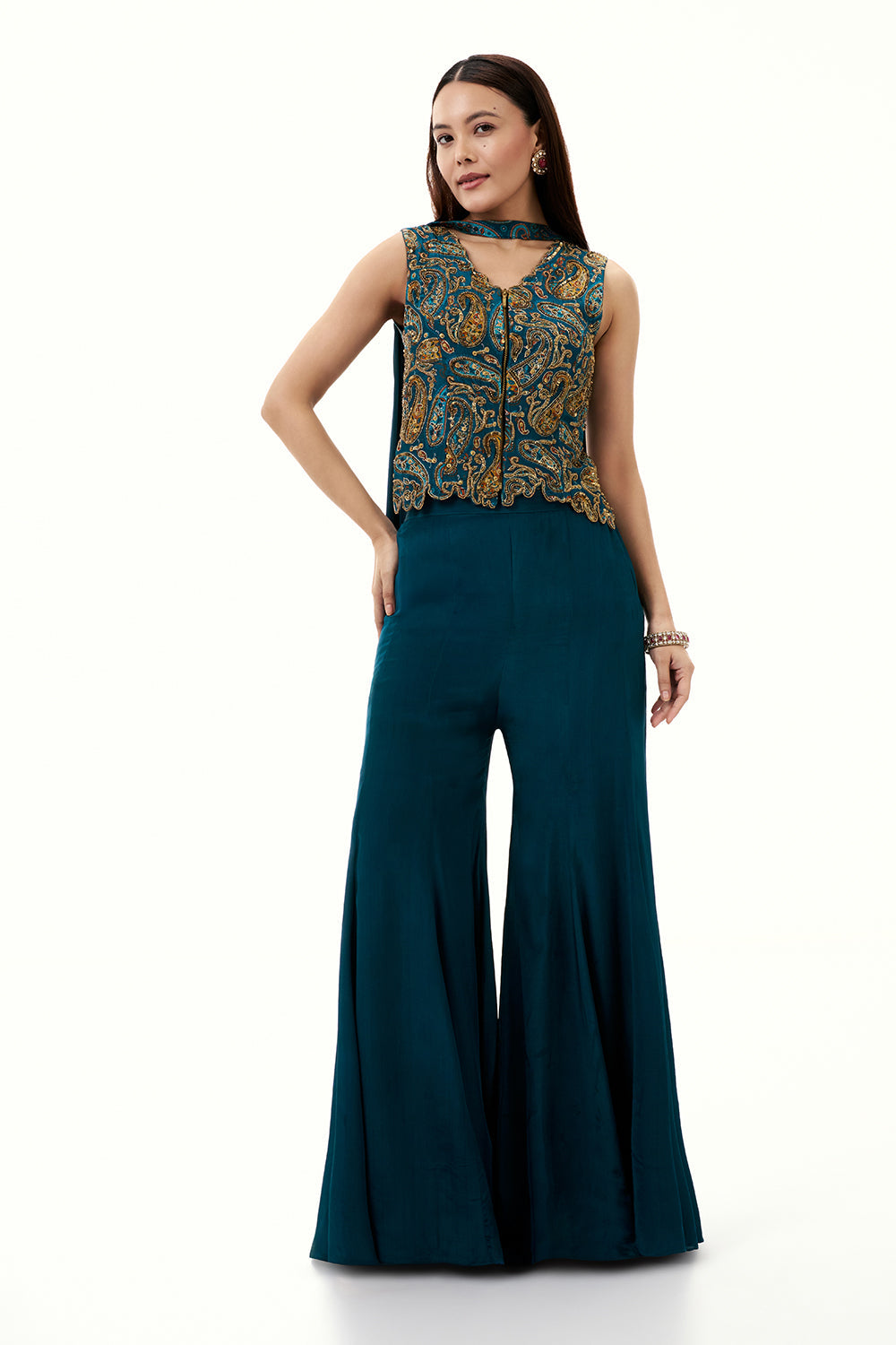 Teal Blue Satin Crepe Palazzo Suit with Sequin and Zari Work