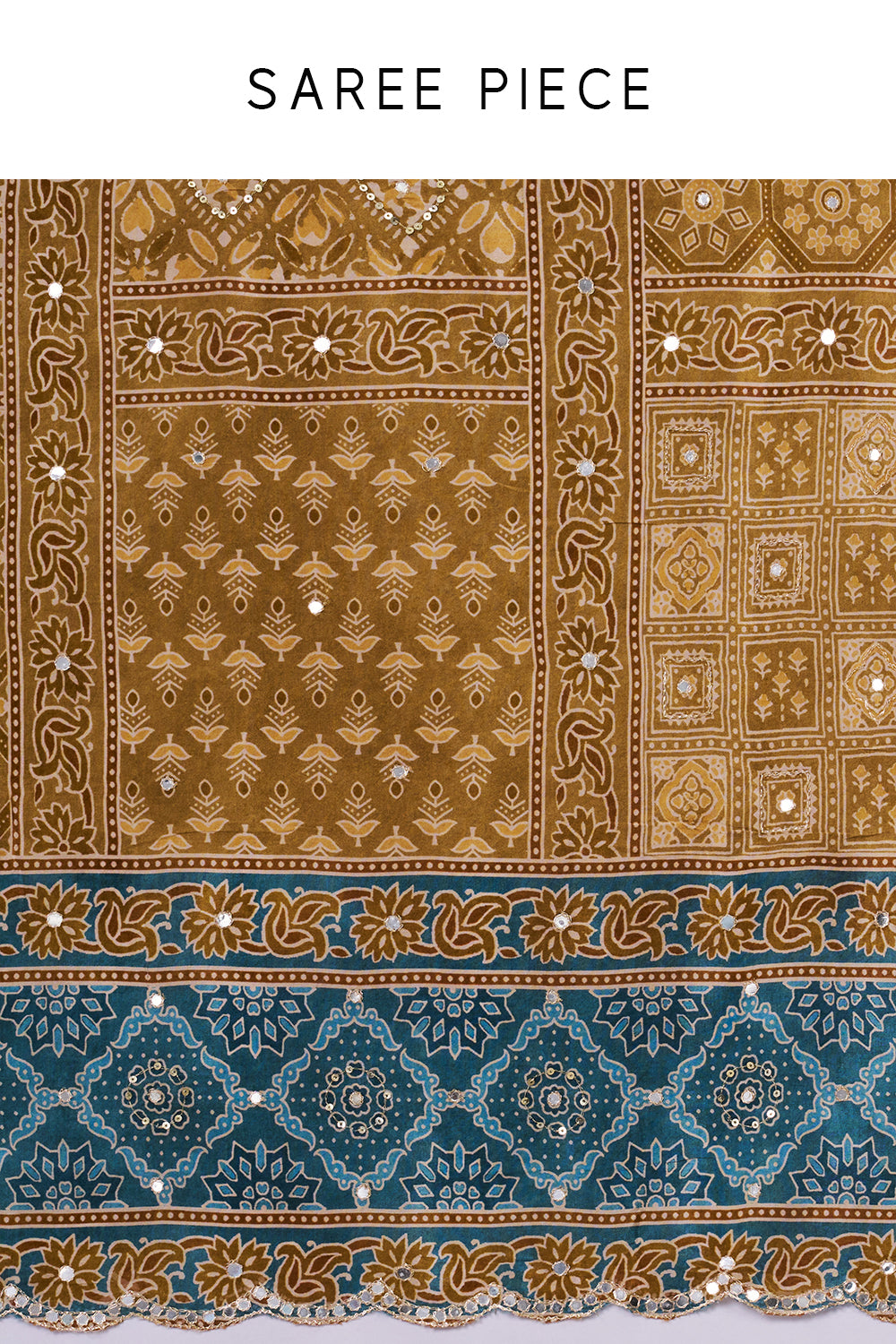 Teal Blue Satin Crepe Woven Saree with Mirror and Sequin Work